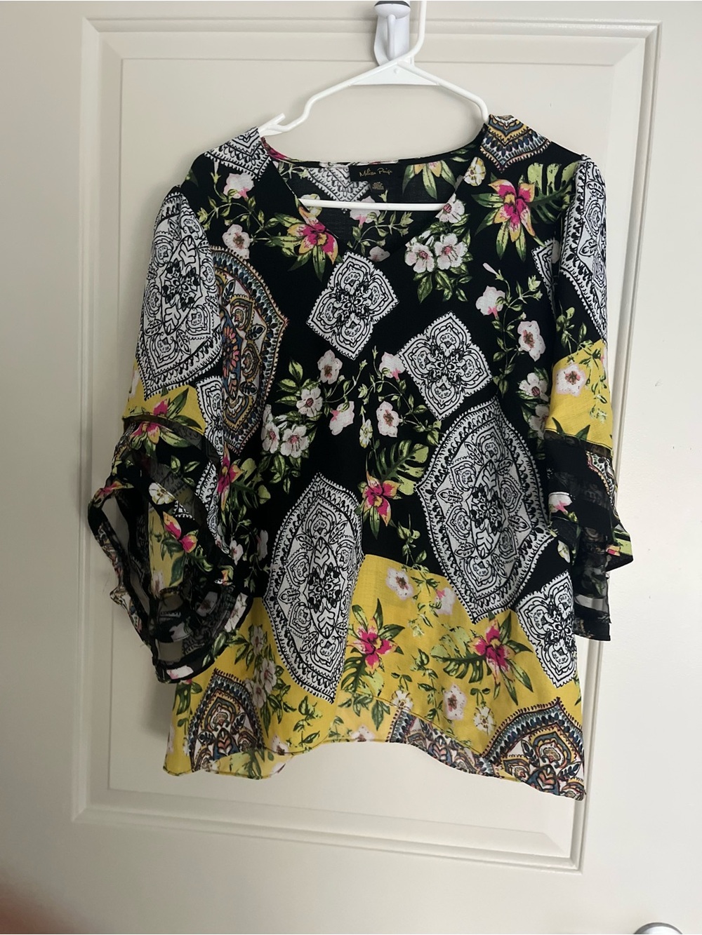 Melissa Paige Black & Yellow Floral Patchwork Ruffle Sleeve Blouse